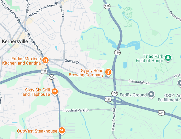 Map showing the Dinomite Heating and Cooling location in Kernersville, North Carolina